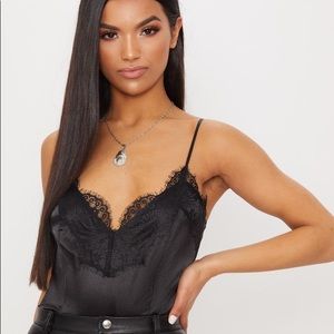 NWT - PrettyLittleThing Black Eyelash Lace Trim Thong Bodysuit